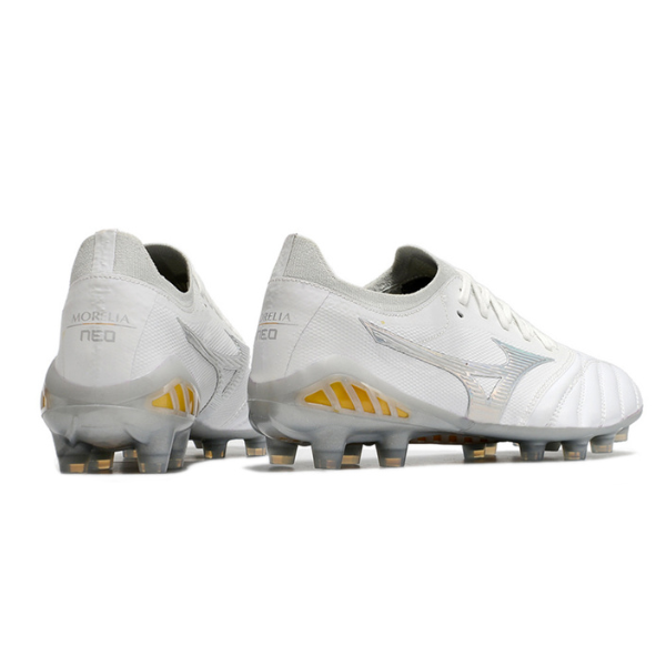 Chuteira Campo Mizuno Morelia Neo III Elite FG Branca, Cinza  e Amarela + MEIA DE BRINDE 🎁