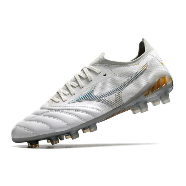 Chuteira Campo Mizuno Morelia Neo III Elite FG Branca, Cinza  e Amarela + MEIA DE BRINDE 🎁