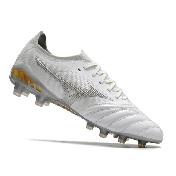 Chuteira Campo Mizuno Morelia Neo III Elite FG Branca, Cinza  e Amarela + MEIA DE BRINDE 🎁