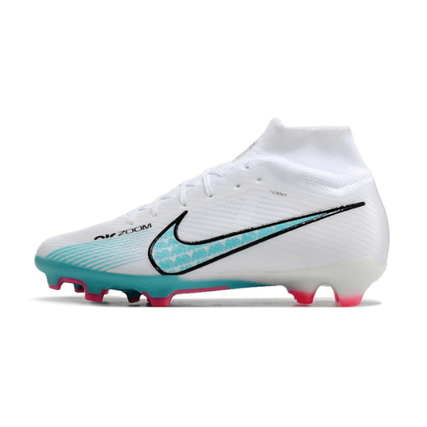 Chuteira Campo Nike Zoom Mercurial Superfly 9 Elite FG Branca, Azul Claro e Rosa + MEIA DE BRINDE 🎁