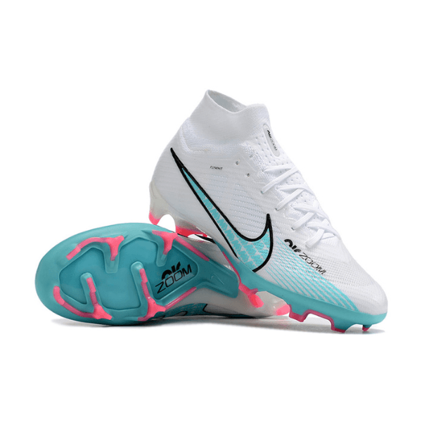 Chuteira Campo Nike Zoom Mercurial Superfly 9 Elite FG Branca, Azul Claro e Rosa + MEIA DE BRINDE 🎁