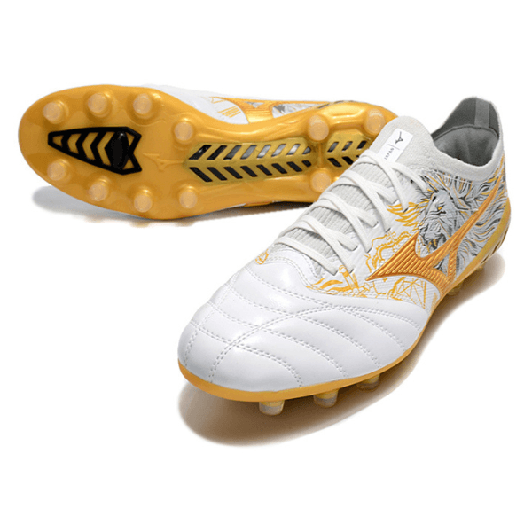 Chuteira Campo Mizuno Morelia Neo III Elite FG Branca,Dourada e Preta + MEIA DE BRINDE 🎁