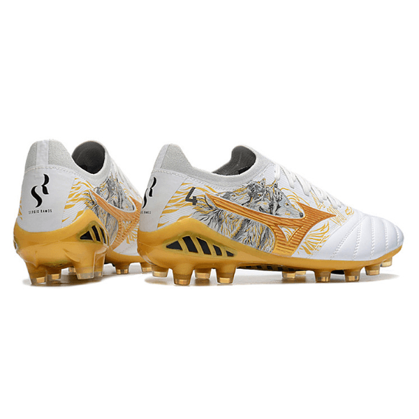 Chuteira Campo Mizuno Morelia Neo III Elite FG Branca,Dourada e Preta + MEIA DE BRINDE 🎁