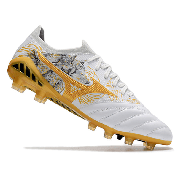 Chuteira Campo Mizuno Morelia Neo III Elite FG Branca,Dourada e Preta + MEIA DE BRINDE 🎁